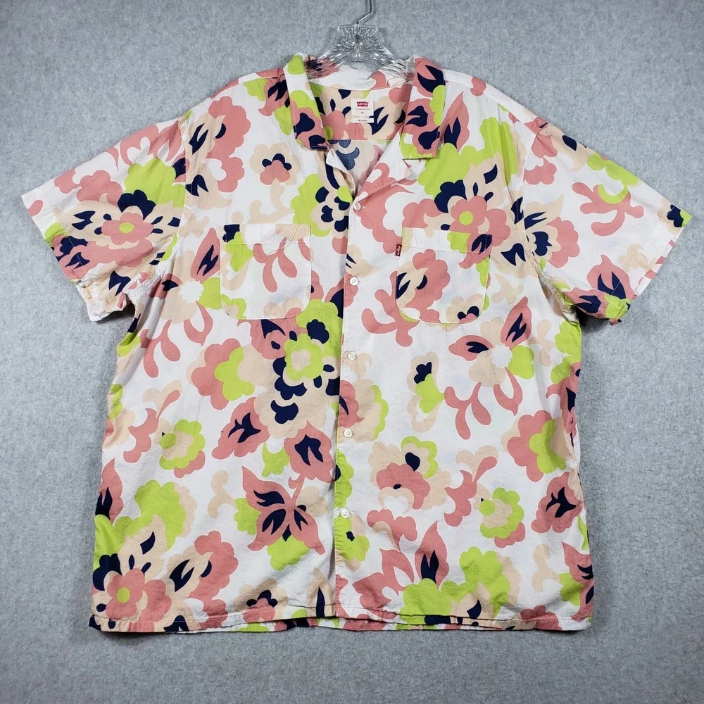 Levi's Shirt XL Pink Green Floral Tropical Viscose Cotton Blend Cabanacore‎ EUC